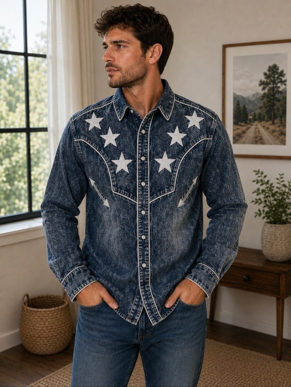 NWT Copper Rivet Denim Factory Men's Medium Western Star Snap Shirt | Acid Wash